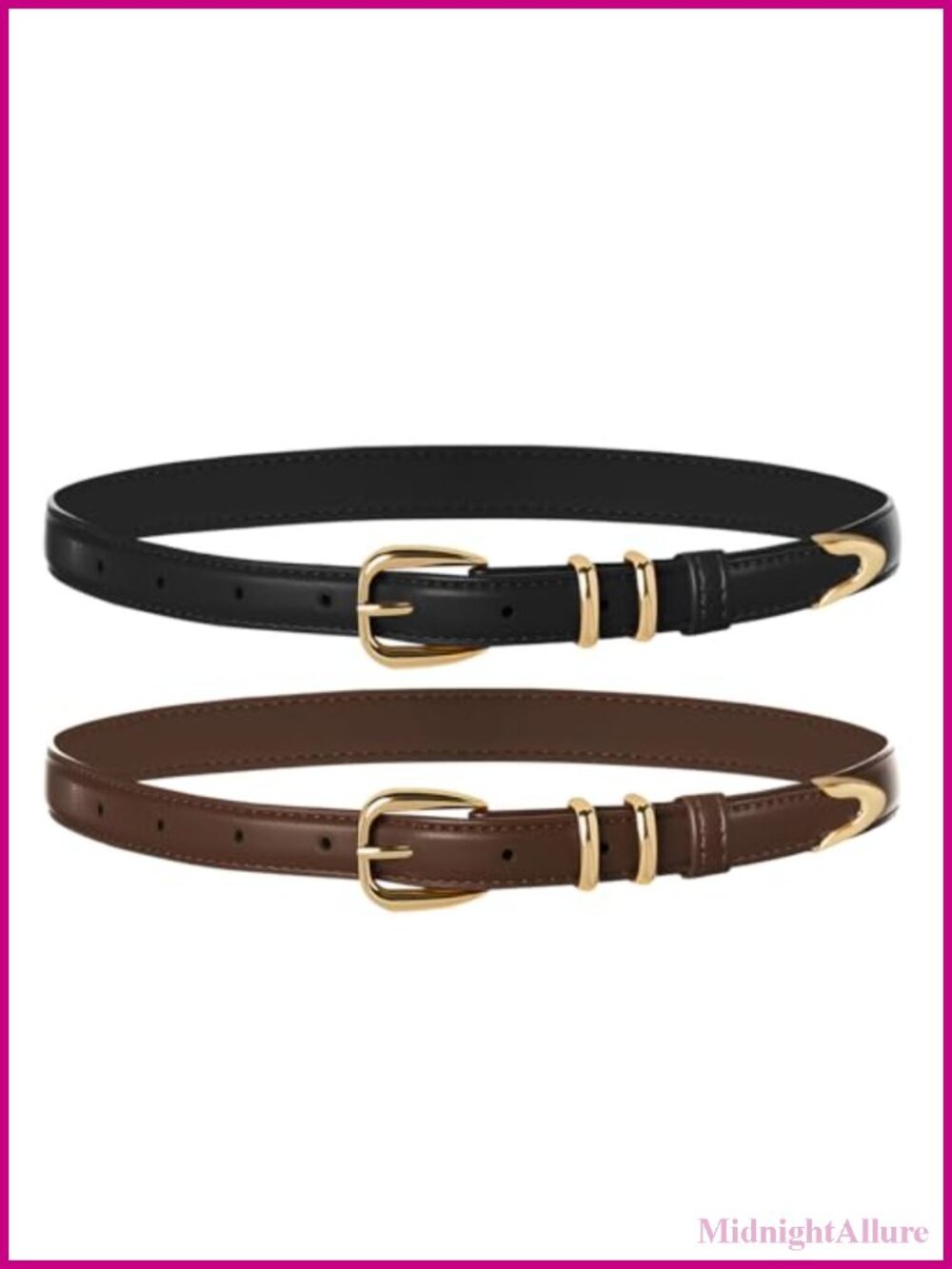 2 Pack Skinny Leather Belts Gold Buckle Thin Waist Belt for Jeans Pants Dresses